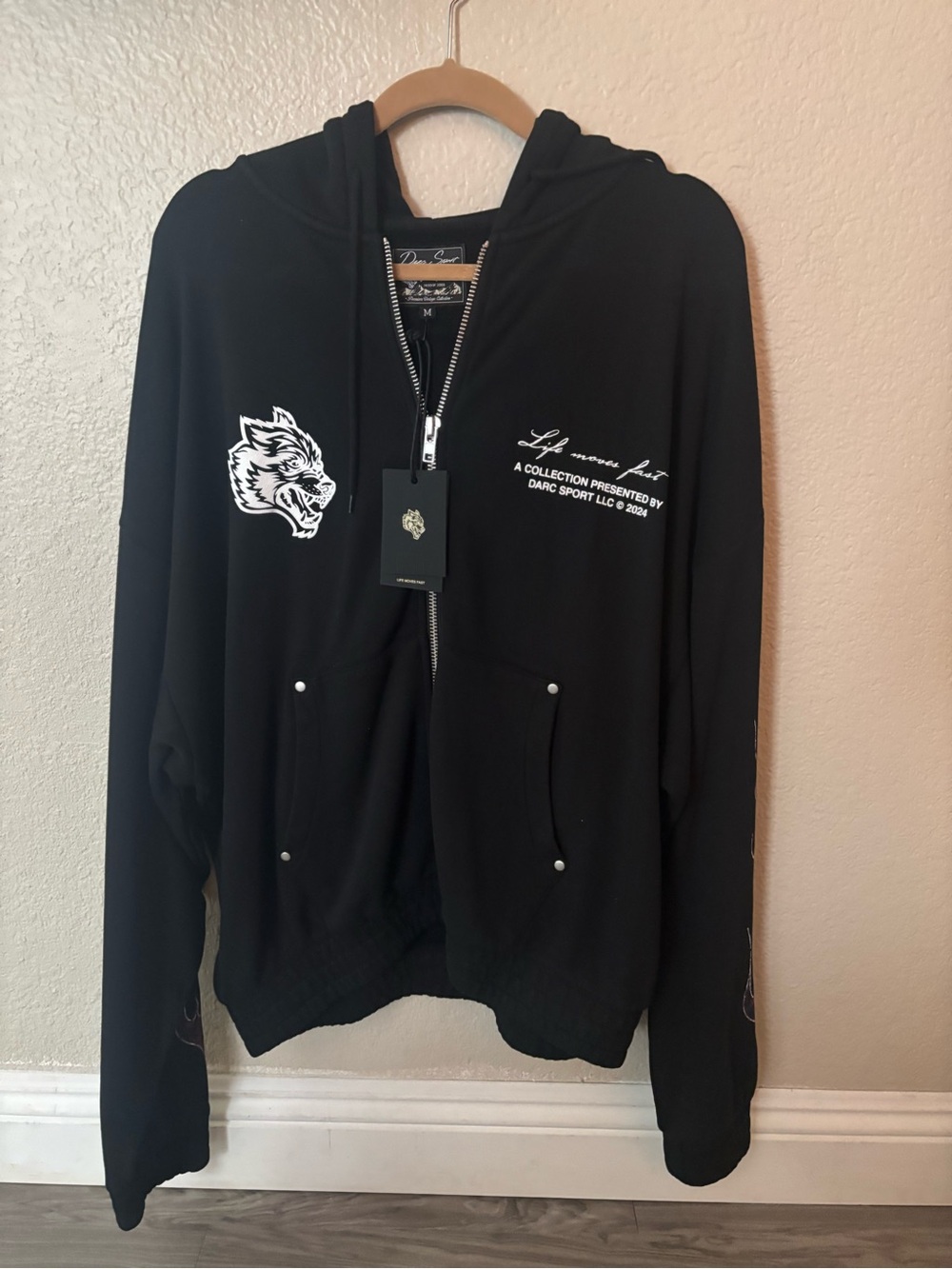 Darc Sport Black Hooded Zip Jacket with White Wolf Graphic
